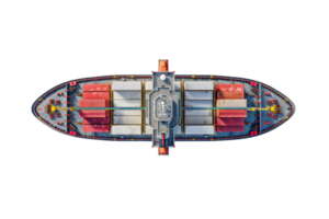 Aerial view of a colorful cargo ship loaded with containers, sailing through the ocean. Ideal for maritime, logistics, and trade concepts. png