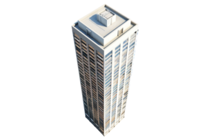 Tall modern skyscraper with glass windows in a city skyline. High-rise building architecture in urban environment, view from above. png