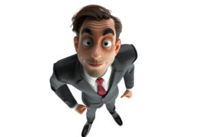 Animated businessman character in a gray suit and red tie looking up confidently. Isolated on transparent background. png