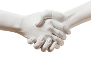 Close-up of two 3D-rendered white hands shaking, isolated on a transparent background. symbolizing agreement, partnership, and teamwork. png