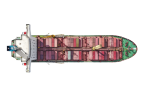 Aerial view of a large cargo ship loaded with colorful containers, isolated on a transparent background. showcasing international shipping and logistics. png