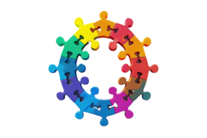 Colorful circular puzzle pieces forming a connected ring, symbolizing teamwork, unity, and diversity in a vibrant design. png