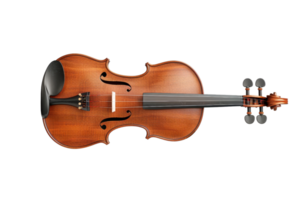 Top view of a classic wooden violin with a fine polished finish. The image captures intricate details of this musical instrument against a transparent background. png