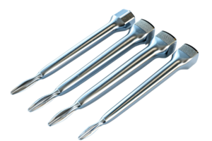 Set of four silver flathead screwdriver bits, aligned in parallel, perfect for precision machinery and hardware tasks. png