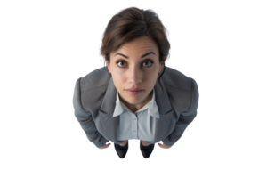 Top view of a businesswoman in formal attire looking up, representing aspiration and determination in a professional environment. png