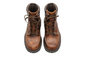 Top view of brown leather hiking boots with laces. Sturdy and durable footwear ideal for outdoor adventures and long walks. png