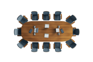 Top view of an empty conference table with chairs and documents, ideal for corporate meetings or business discussions. png