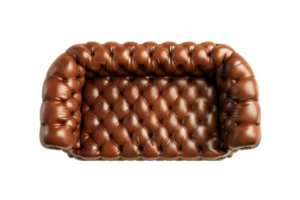 Top view of a luxurious brown leather Chesterfield sofa, showcasing elegant button-tufted upholstery and classic design, isolated on transparent background. png