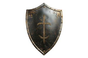 vintage medieval escudo com cruzar, desgastado e enferrujado, representando antigo armaduras, isolado em transparente fundo. símbolo do proteção. png