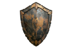 Vintage medieval metal shield with rust and wear, isolated on transparent background. Perfect for historical or fantasy-themed designs and illustrations. png