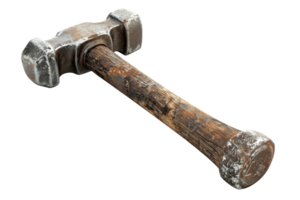 A close-up image of a rustic sledgehammer with a worn wooden handle and metal head, showing signs of heavy use and weathering. png