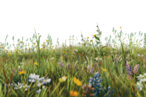 Vibrant meadow filled with colorful wildflowers and green grass, capturing the essence of nature and summer beauty. png