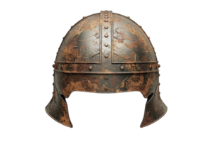 Vintage medieval iron helmet with rusted texture on transparent background. showcasing historical armor design, perfect for historical themes. png