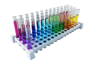 A row of test tubes with colorful chemical liquids arranged in a holder, representing science, research, and laboratory work. png