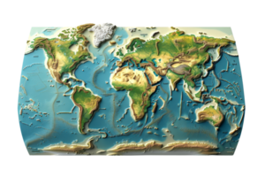 3D world map highlighting continents and oceans with topography and geographical features, perfect for educational and reference purposes. png