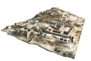 Aerial view of the ancient ruins of Knossos Palace on Crete, showcasing historical architecture and archaeological significance. png