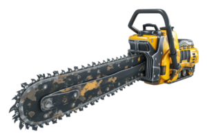 Close-up of a heavy-duty yellow and black chainsaw isolated on a transparent background. showcasing its blade and design. png