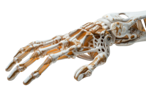 Close-up of a human hand skeleton showing detailed bone structure, isolated on transparent background. Perfect for medical and educational purposes. png