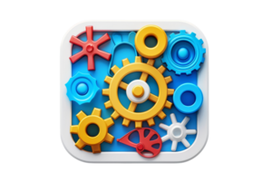 Colorful gears and cogs arranged creatively, symbolizing teamwork and engineering concepts in a vibrant, abstract representation. png