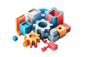 Colorful 3D geometric shapes and gears, technology and engineering concept. Abstract design elements for creative industry and innovation. png