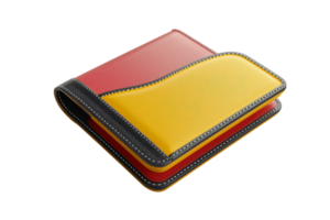 Colorful leather wallet with red and yellow sections, practical and stylish, isolated on transparent background. ideal for everyday use. png