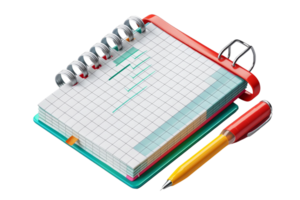 Colorful notebook with grid pages, spiral binding, and a pencil, perfect for planning, schedules, or note-taking. Isolated on a transparent background. png