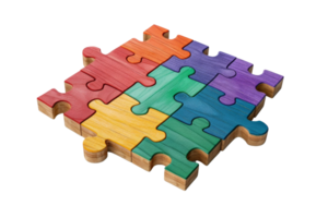 Colorful wooden jigsaw puzzle pieces fitting together, symbolizing teamwork, strategy, and problem-solving. Ideal for education and creativity concepts. png