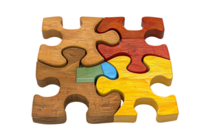 Colorful wooden jigsaw puzzle pieces fitting together representing teamwork, problem-solving, and unity. Ideal for business concepts. png