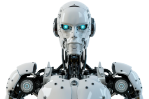 Futuristic humanoid robot with glowing blue eyes, showcasing advanced technology and artificial intelligence. png