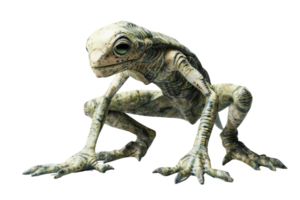 Fantasy creature resembling a lizard, with intricate patterns and large eyes, crouching in a natural pose. Ideal for sci-fi or fantasy themes. png