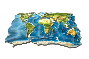 Detailed 3D physical map of the world highlighting continents, oceans, and elevation differences, providing a unique geographical perspective. png