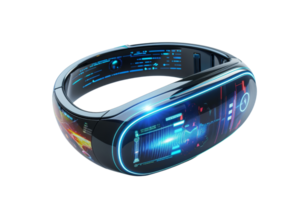 Futuristic smart bracelet with LED display showing digital data and health monitoring features, glowing with blue and red lights. png