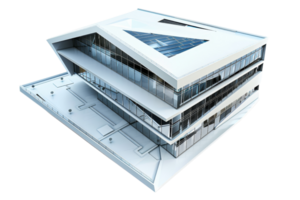 Modern, futuristic building design featuring large glass windows, sharp angles, and innovative architecture. Ideal for urban concept visuals. png