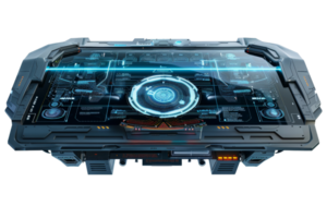 Futuristic digital interface on an advanced technology control panel with holographic blueprints and interactive elements, isolated on white. png