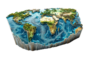 High detailed 3D topographic map of the world, showcasing continents and oceans with realistic elevation and terrain. png