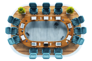 Top view of a modern conference room with a large oval table, chairs, laptops, and plants, creating a professional meeting environment. png