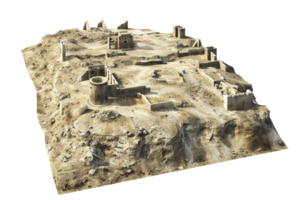 Top view of an ancient archaic ruins site model with scattered stone structures on a barren, rocky terrain depicting historical architecture. png