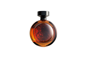 Elegant perfume bottle with a dark amber liquid, showcasing luxury and sophistication in a sleek round design against a clean background. png