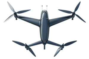 A top view of a modern quadcopter drone with four propellers, showcasing sleek design and advanced technology. png