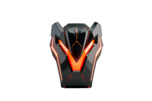 Futuristic black helmet with orange LED lights. High-tech design perfect for sci-fi themes, gaming, or technology advertisements. png