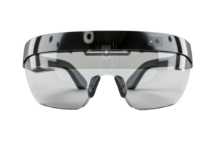 Futuristic augmented reality smart glasses with see-through lenses and high-tech features suitable for various multimedia applications. png