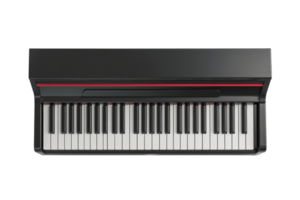 Top view of a black modern digital piano keyboard, perfect for music production, teaching, and performances, with realistic keys and sleek design. png