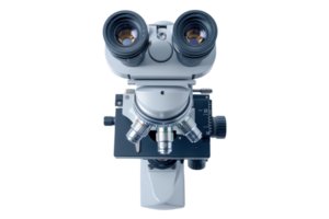 High-quality close-up of a modern optical microscope, essential for scientific research and laboratory analysis, on a transparent background. png