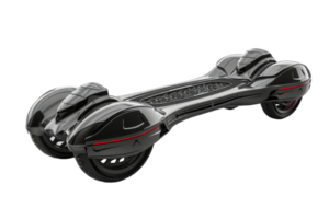 Modern black hoverboard with sleek design and red accents, suitable for futuristic transportation and fun activities. png