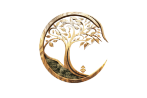 Artistic logo featuring a tree with sprawling branches enclosed within a crescent, made of bronze or wood with a natural, rustic aesthetic. png