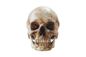A detailed image of a real human skull, perfectly symmetrical and isolated on a transparent background. ideal for educational or artistic use. png