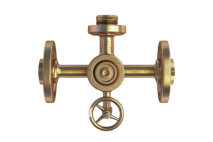 Golden industrial valve with intricate details isolated against transparent background. perfect for engineering and mechanical design visuals. png