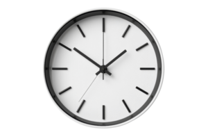 Minimalist round wall clock with black hands and hour markers on a transparent background. Elegant design for modern home or office decor. png