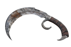 Rustic, curved hand sickle with textured wooden handle, ideal for showcasing medieval tools, weaponry, or historical agricultural instruments. png