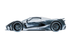 Sleek futuristic sports car side view with a geometric wireframe overlay, emphasizing modern design and cutting-edge technology. png
